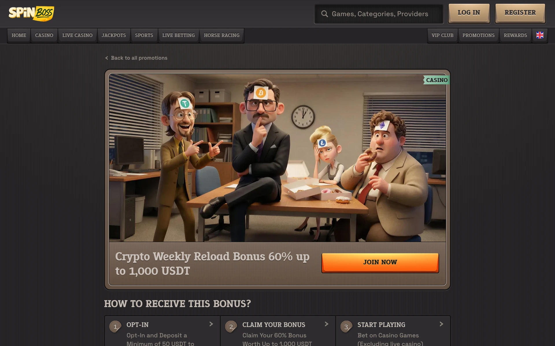 SpinBoss Crypto Weekly Reload 60% promotion page