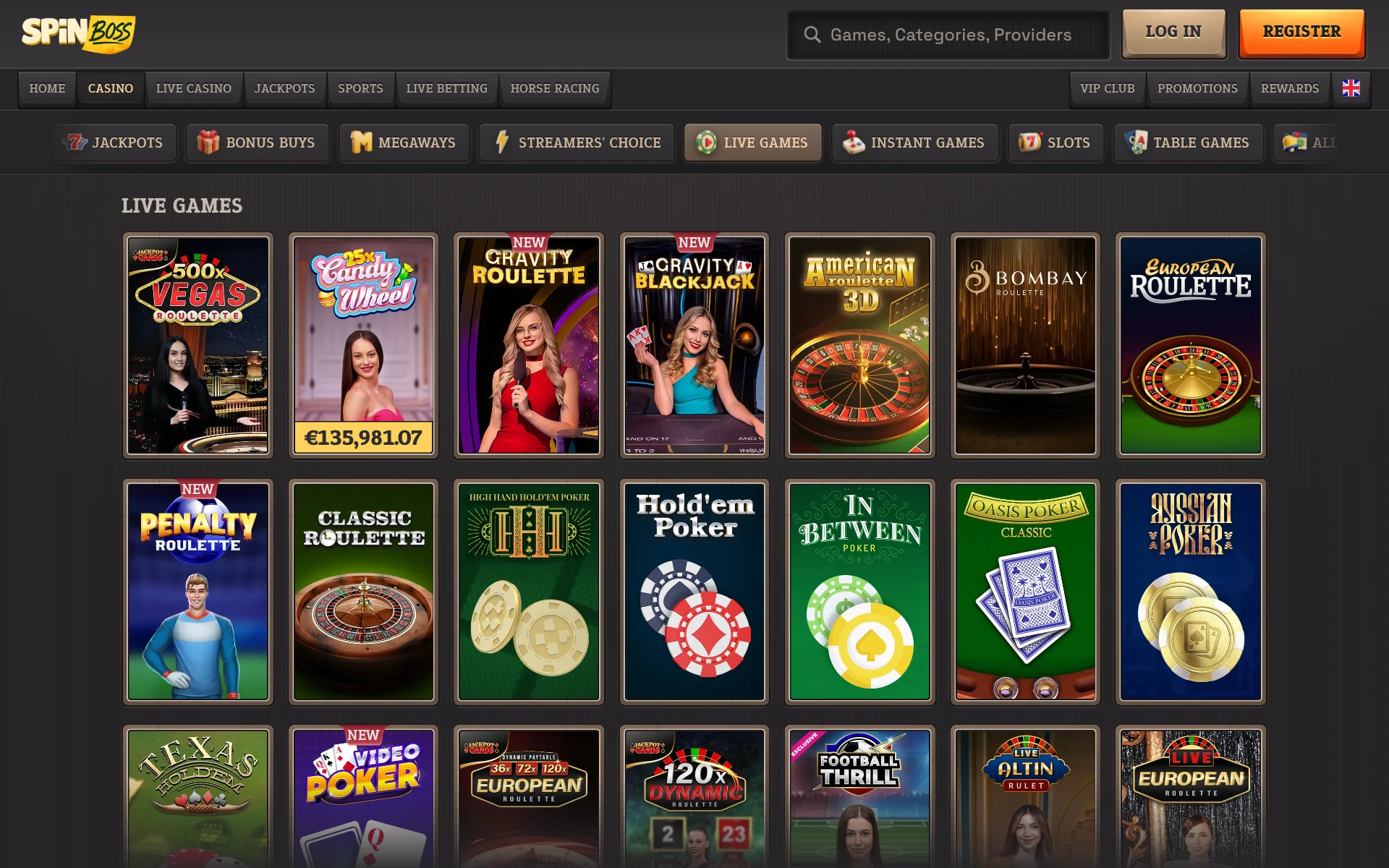 SpinBoss Live Games shelf