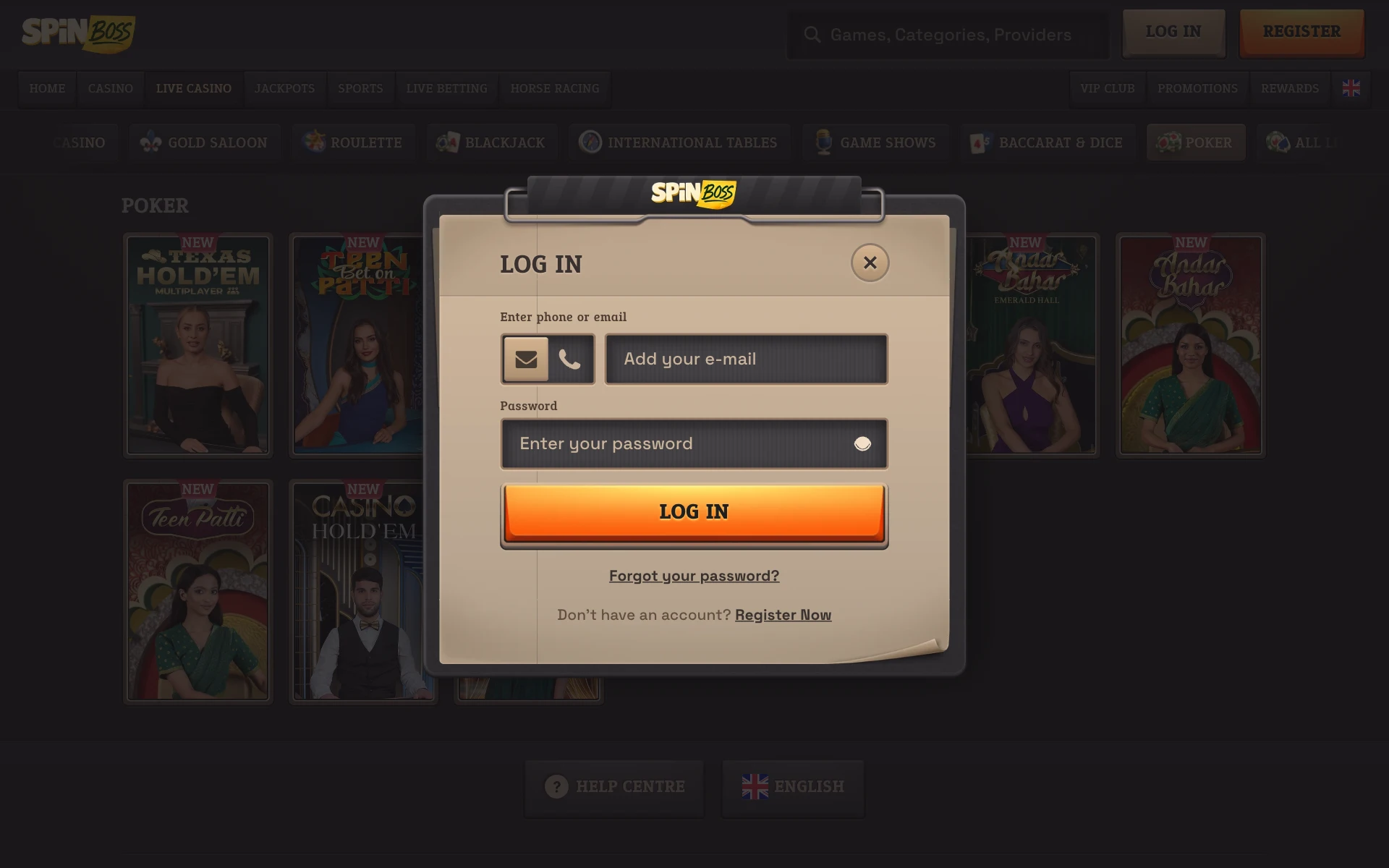 SpinBoss log-in window over the Poker lobby